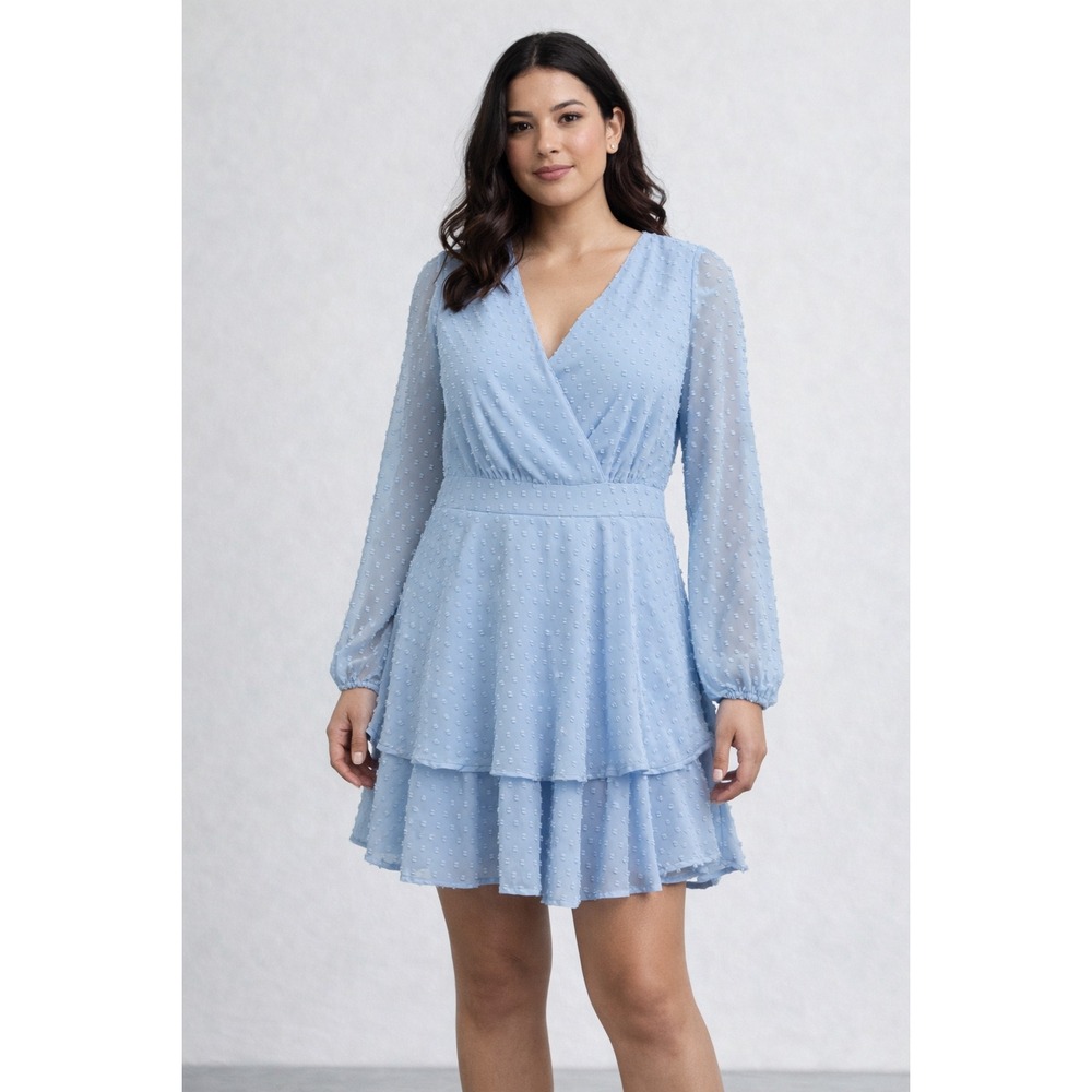 Japna Dress Womens Small Blue Swiss Dot Long Sleeve Tiered Ruffle Wrap Mini